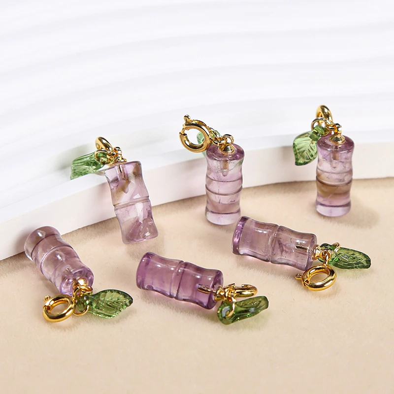 1 Pc Natural Amethyst Carved Bamboo Shape Bear Rose Copper Buckle Pendant For Jewelry Making Diy Necklace Bracelet Accessory