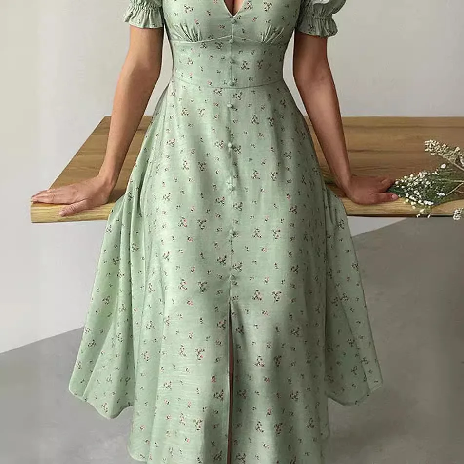 Robe imprimée mi-longue à manches lanterne pour femme, robe à boutonnage haut, col en V, été