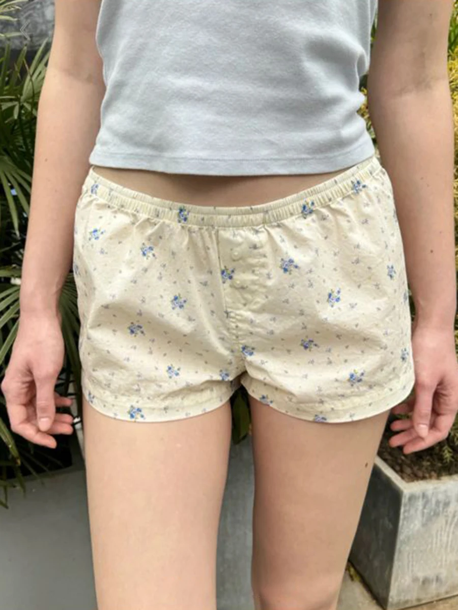 

Blue Floral Sweet Shorts Women Summer Buttons Elastic Waist Cotton Straight Sweetshorts Sweet Girls Vintage Home Underwear Y2k