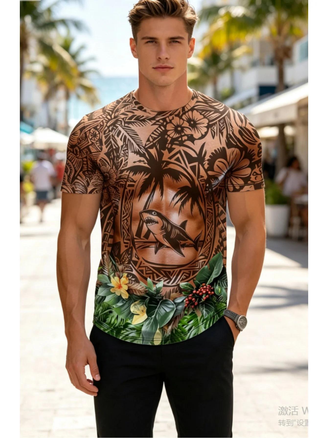 Men's Polynesian Tribe 3D Printed Short Sleeved Beach Vacation Tropical Palm Leaf Square Ethnic Casual T-shirt
