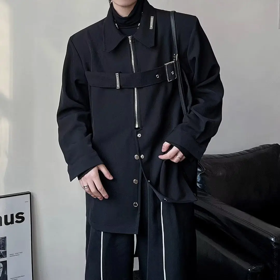 Genderless Dark Style Top 2024 New Unique Design High Quality Casual Shirt Men'S Metal Buckle Zipper Long-Sleeved Shirt Unisex