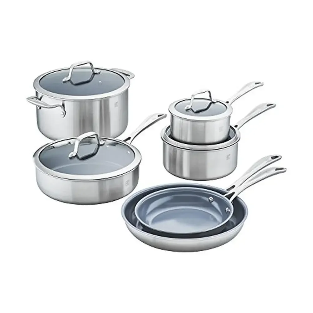 10-Piece Stainless Steel Ceramic Nonstick Pots Pans Dutch Oven Fry Pan Set Texture Quick Heat Safe Control Clean Glass Lid