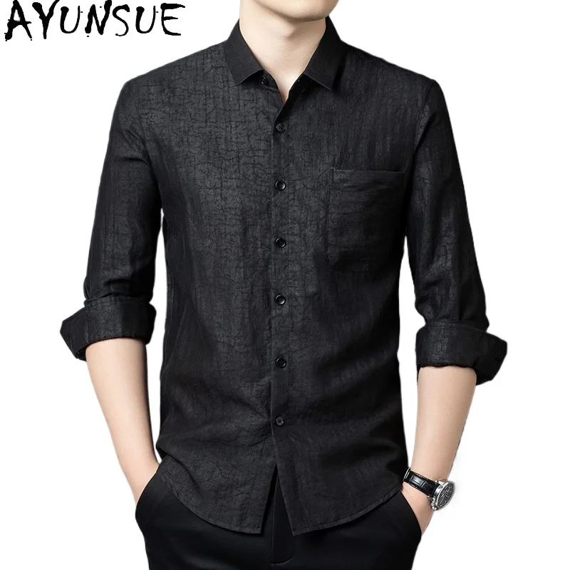 

AYUNSUE High Quality 100% Real Mulberry Silk Shirts for Men Spring Autumn Long Sleeve Shirts Casual 2026 Gauze Silk Tops Lapel