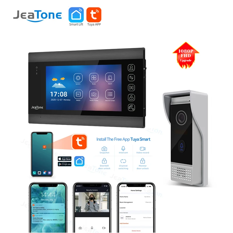 Jeatone 7 Inch  WiFi Tuya Smart 1080P Wireless Video Intercom for Home System Doorphone  With Remote Unlock