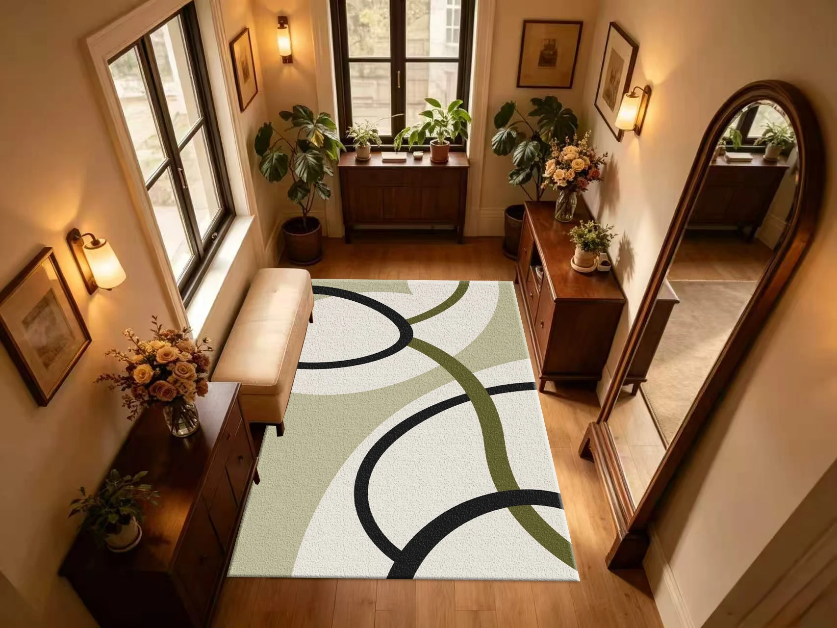 Mid‑Century Curved Line Carpet Flooring Modern Abstract Geometric Wave Pattern Floor Rug Contemporary Home Decor