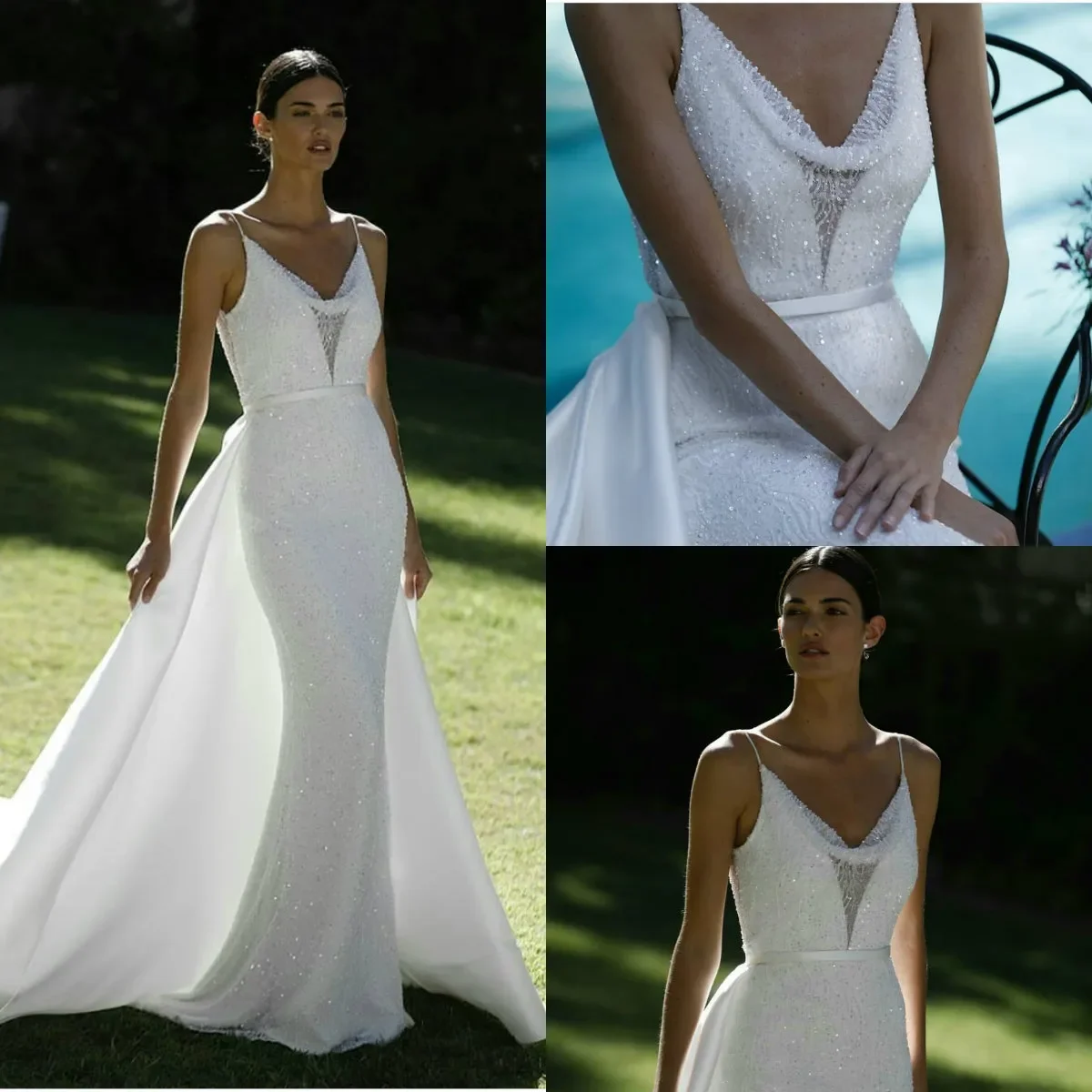 

Customized Sparkling Luxury Mermaid Wedding Dress With Italian Shoulder Straps And Detachable Train Crystal Sequins Bridal Dress