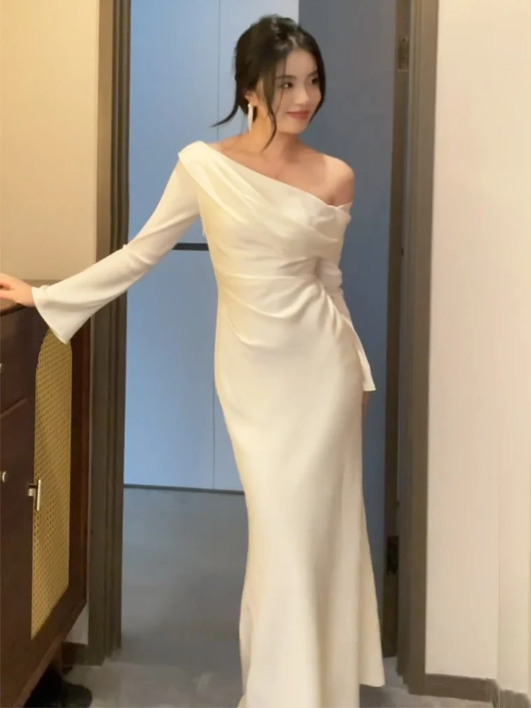 

Ele One-oulder Engagement Dr Women's High-End Sensation Fi-Tail Slimming Bridal Morning Robe Korean Sle Long Sve