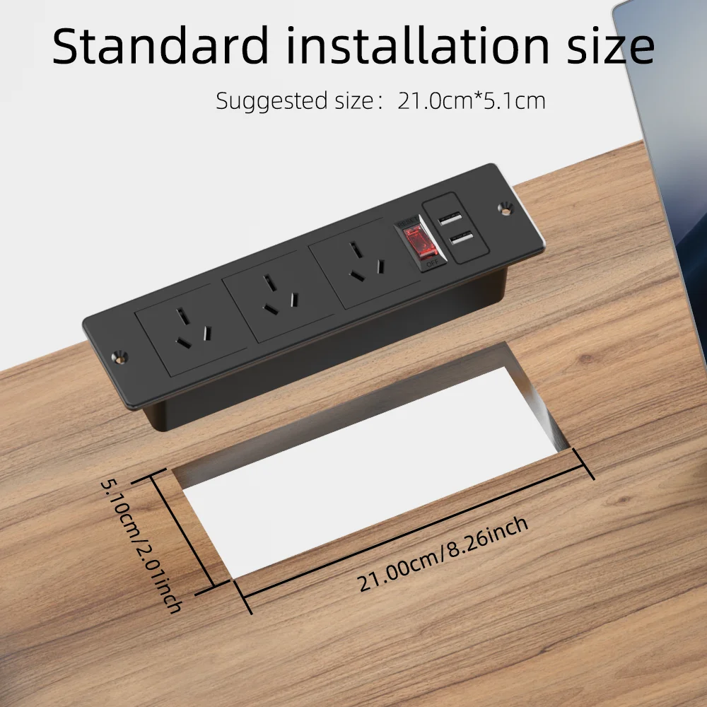 Recessed Power Strip with 3 AC Outlets and 2 USB-A Ports (5V 2.1A) with Switch 1.5m Extension Cord for Home