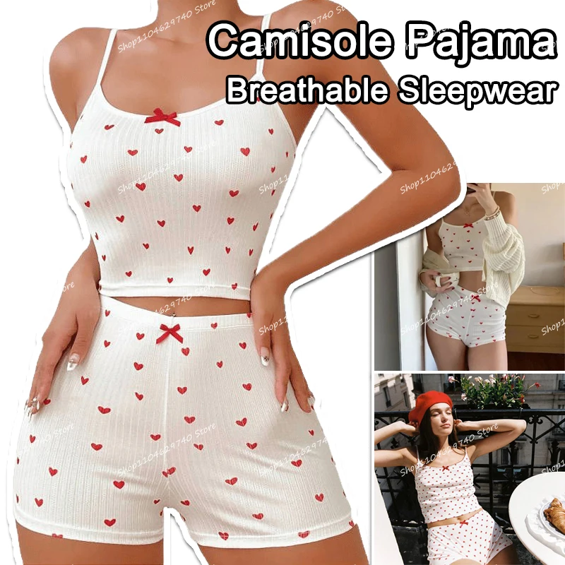 

Женский комплект пижамы с белым принтом в виде сердечек: тонкий дышащий топ и шорты для сна, модная одежда для девушек