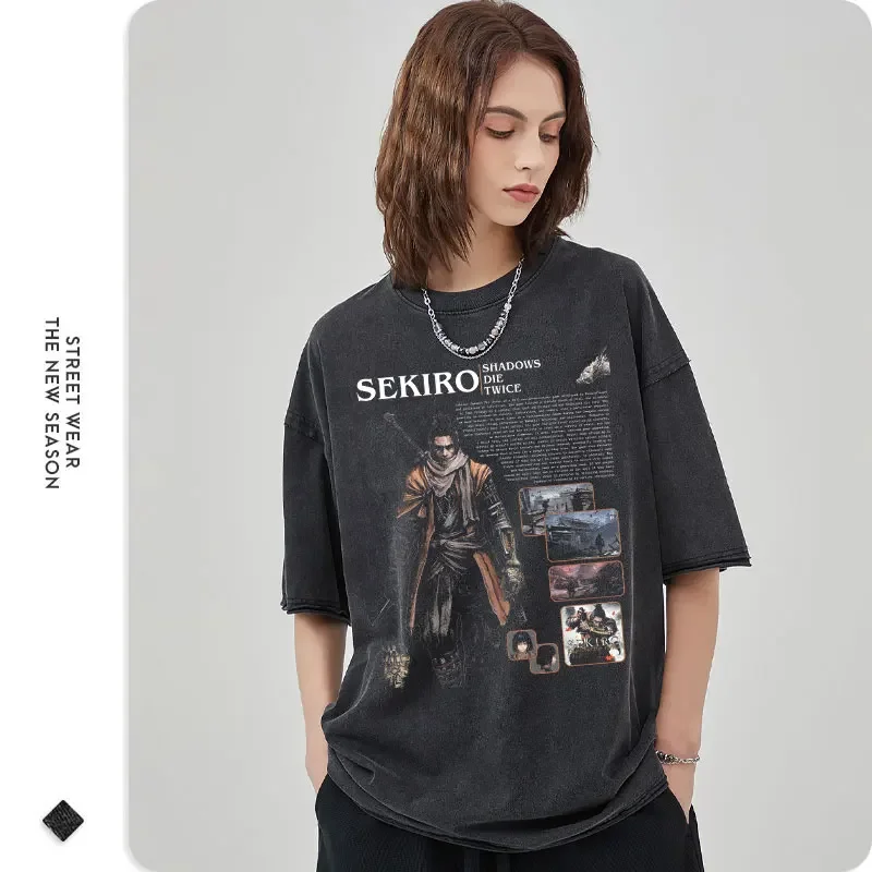 Sekiro Wolf T Shirt Hip Hop PC Game Vintage Washed Tops Tees Oversized Short Sleeve T-Shirt Retro Sweatshirts Man 100% Cotton