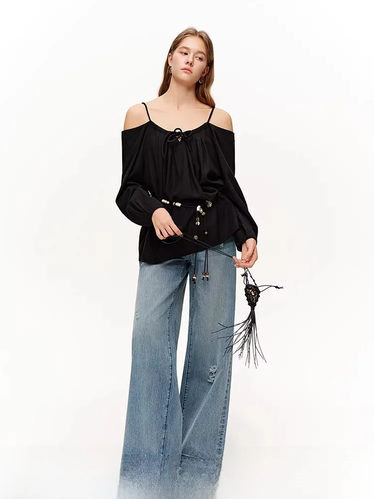 

Модный женский топ с открытыми плечами, новинка весенней коллекции, повседневная свободная футболка с длинным рукавом, премиум-класс для женщин