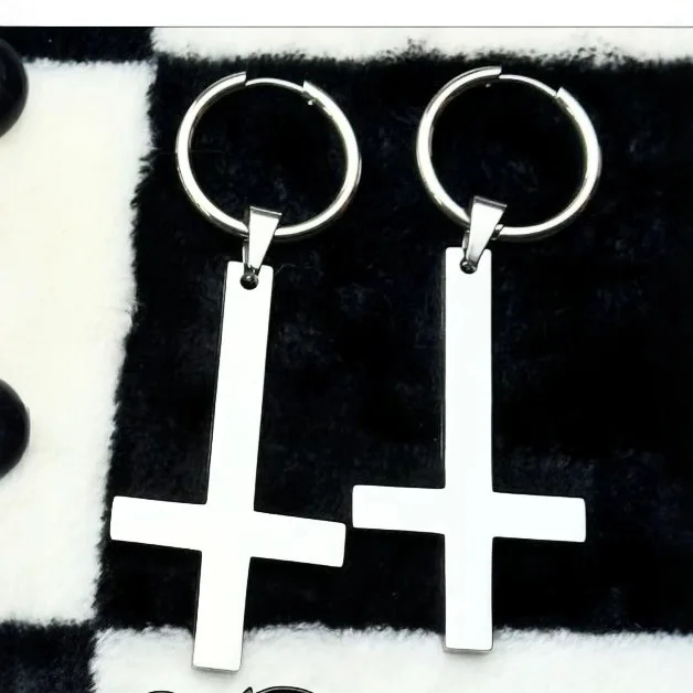 Stainless Steel Black Inverted Cross Pendant Earrings Ear Buckle