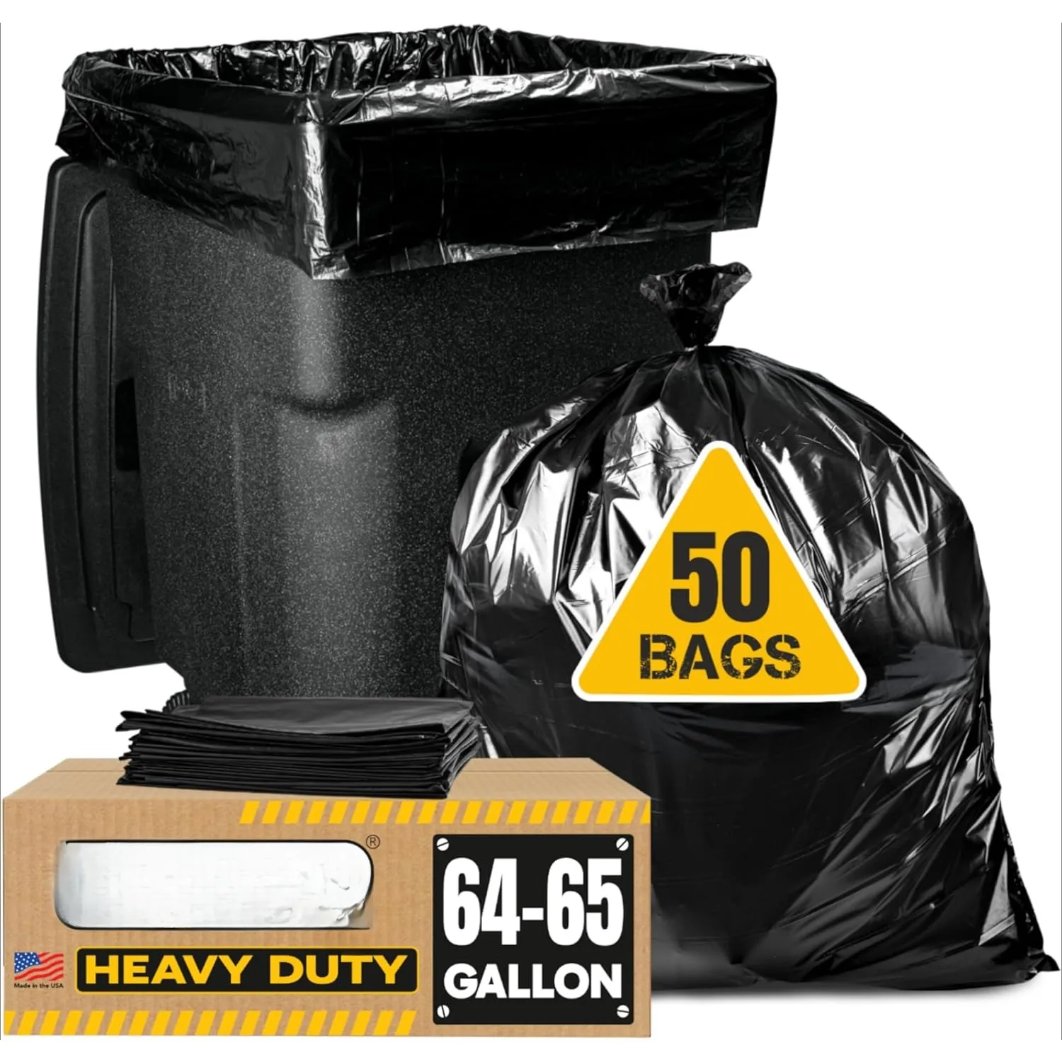 

65 gallon heavy-duty garbage bag | 50 garbage bags with ties|