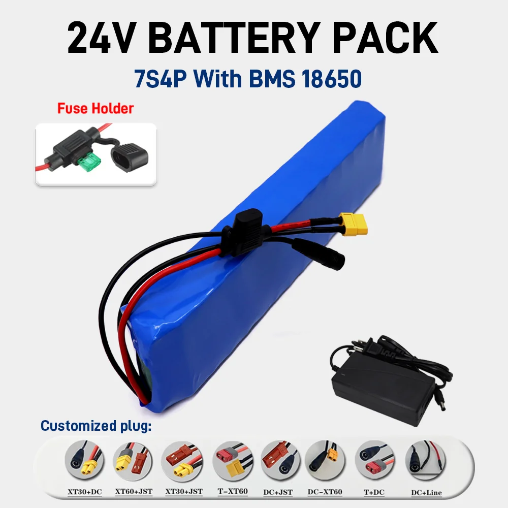 18650 Batteriezelle 24 V 12000 mAh Lithiumbatterie 7S4P wiederaufladbarer 15 A BMS-Schutz mit 29,4 V Ladegerät, der 250 W/500 W unterstützt