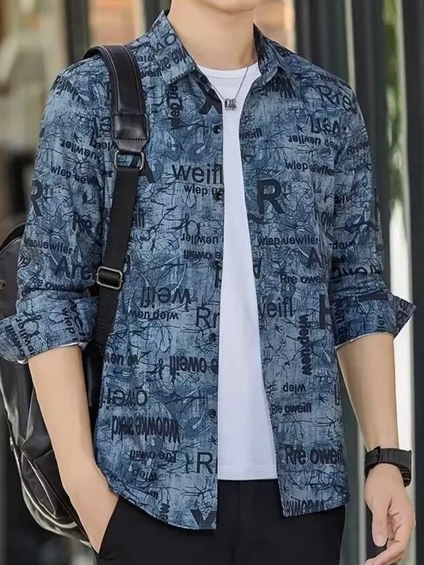 

Spring Summer Men's Long Sleeve Printed Ice Silk Shirt Anti-Wrinkle Loose Fit UV Protection Casual Outerwear Standard Fit