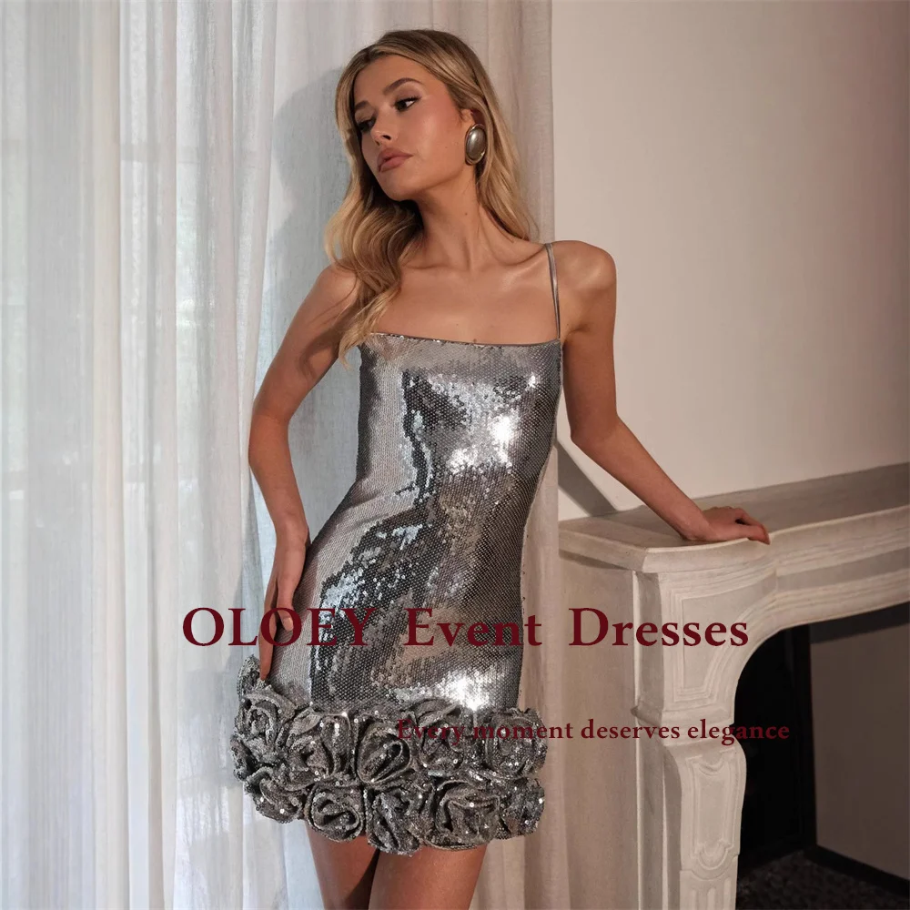

OLOEY Glitter Sequins Silver Short Prom Cocktail Dress Pleats Rose Mini Wedding Party Gown Customized Women 2025 Zip Back