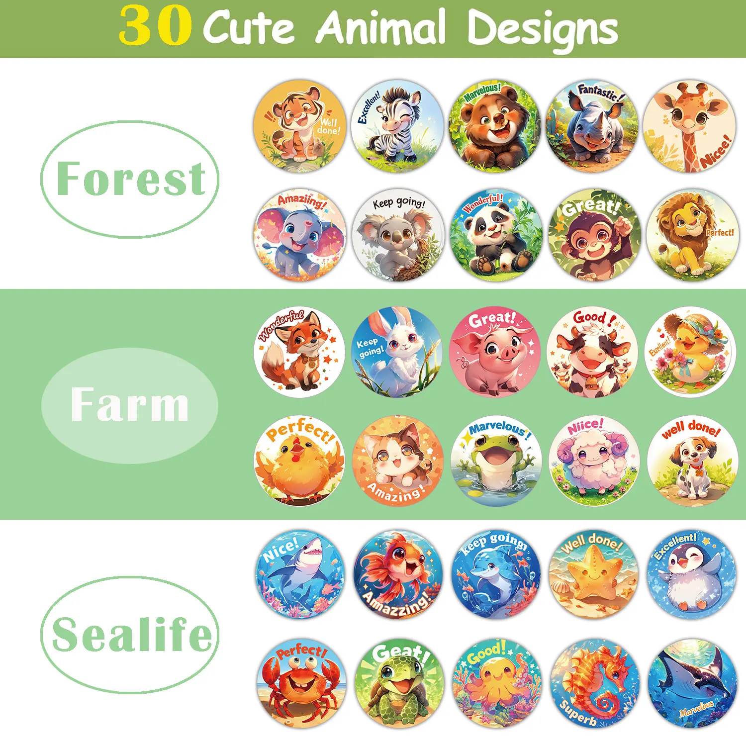 500/1500pcs Cute Animal Reward Stickers Bulk for Children Kids 30 Designs Farm/Ocean/Wild Cute Sticker with Motivational Words R