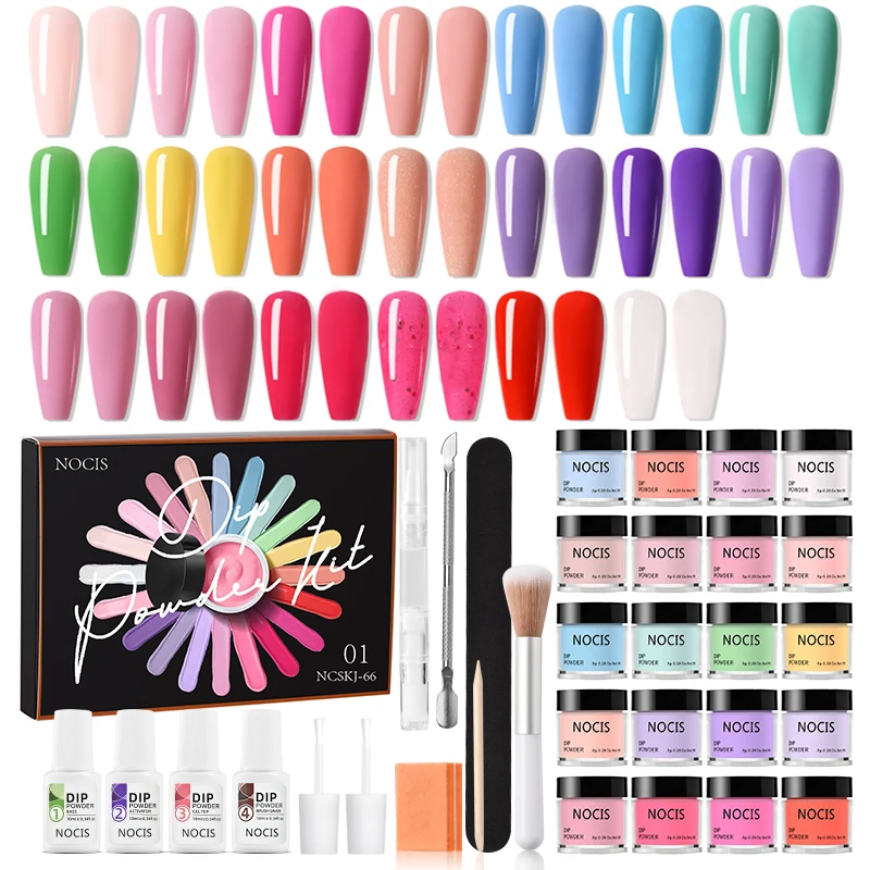 NOCIS 33pcs Impregnation Powder Nail Art Kit - Dip Manicure Kit with 20 pink purple brown Glittering Colors, Top/Primer Activato