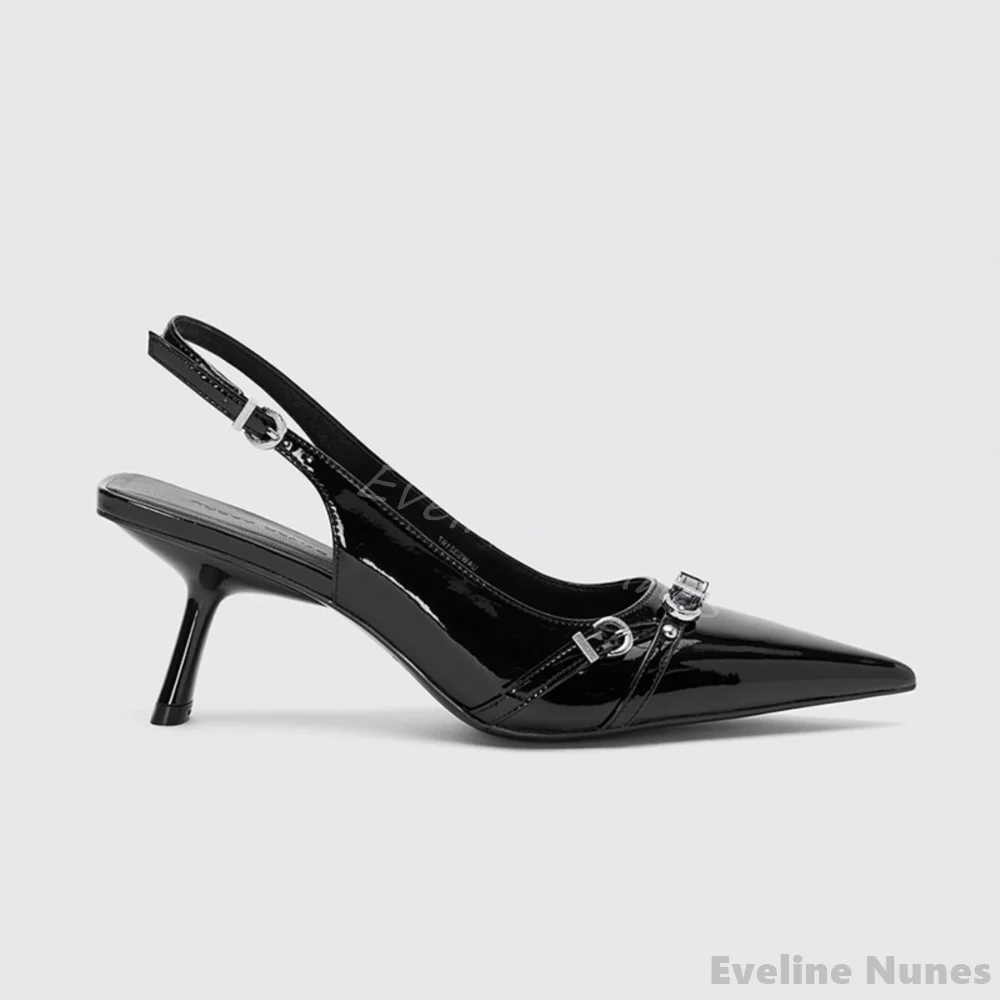 

Patent Leather Slanted Stiletto Pumps Women Pointed Toe Hallow Belt Buckle Back Strap Sandals 2025 Spring New Fashion Black Pump