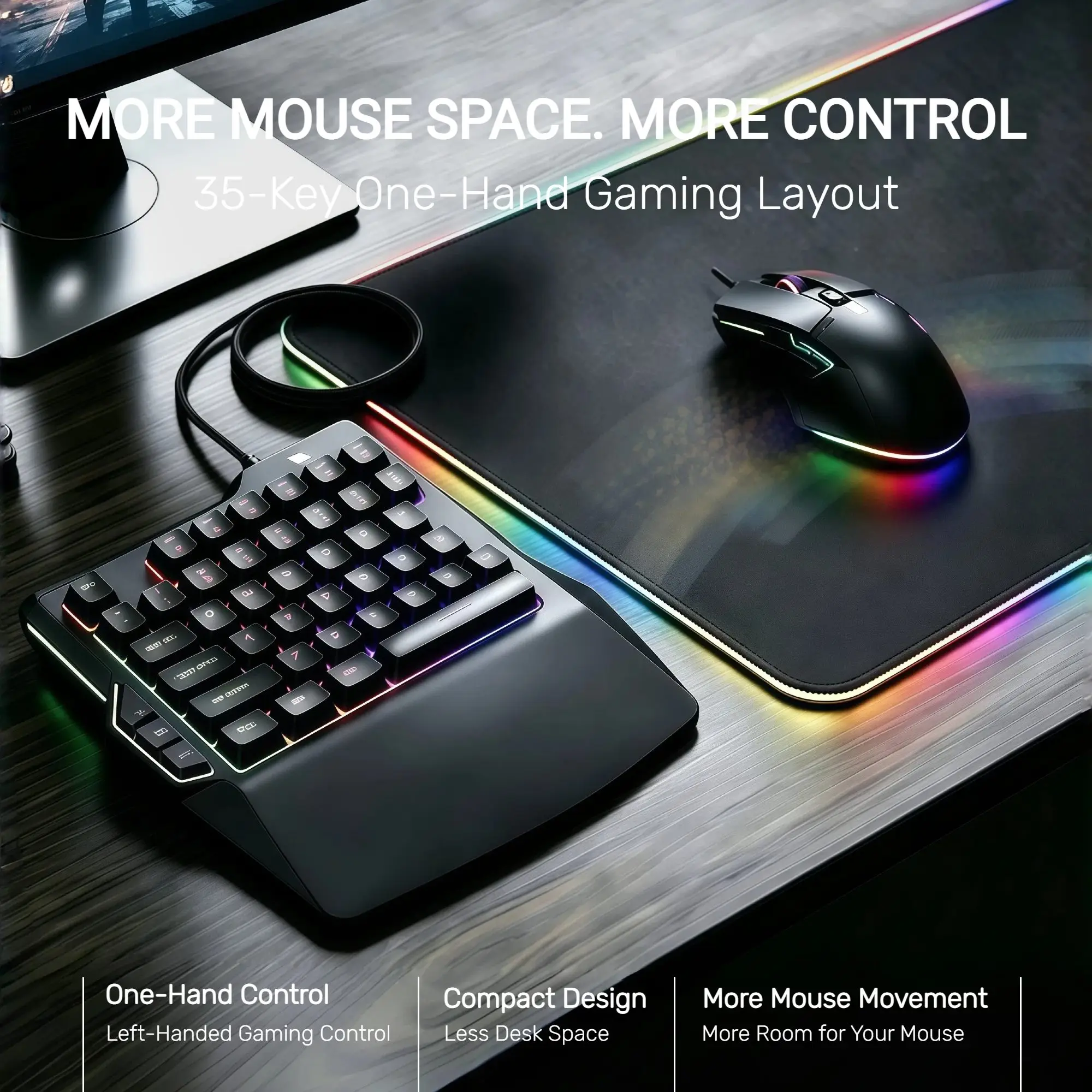 One Handed Gaming Keyboard 35 Keys RGB Backlight Wired Mini Keypad with Wrist Rest Ergonomic Portable Small Keyboard for PC Gamer Left Hand