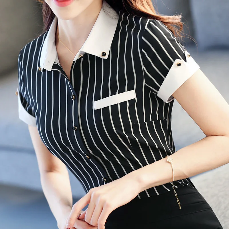 

Summer New Striped Slim Shirt Tops Polo Neck Short Sleeve All-match Plus Size Blouse Office Fashion Women Clothing