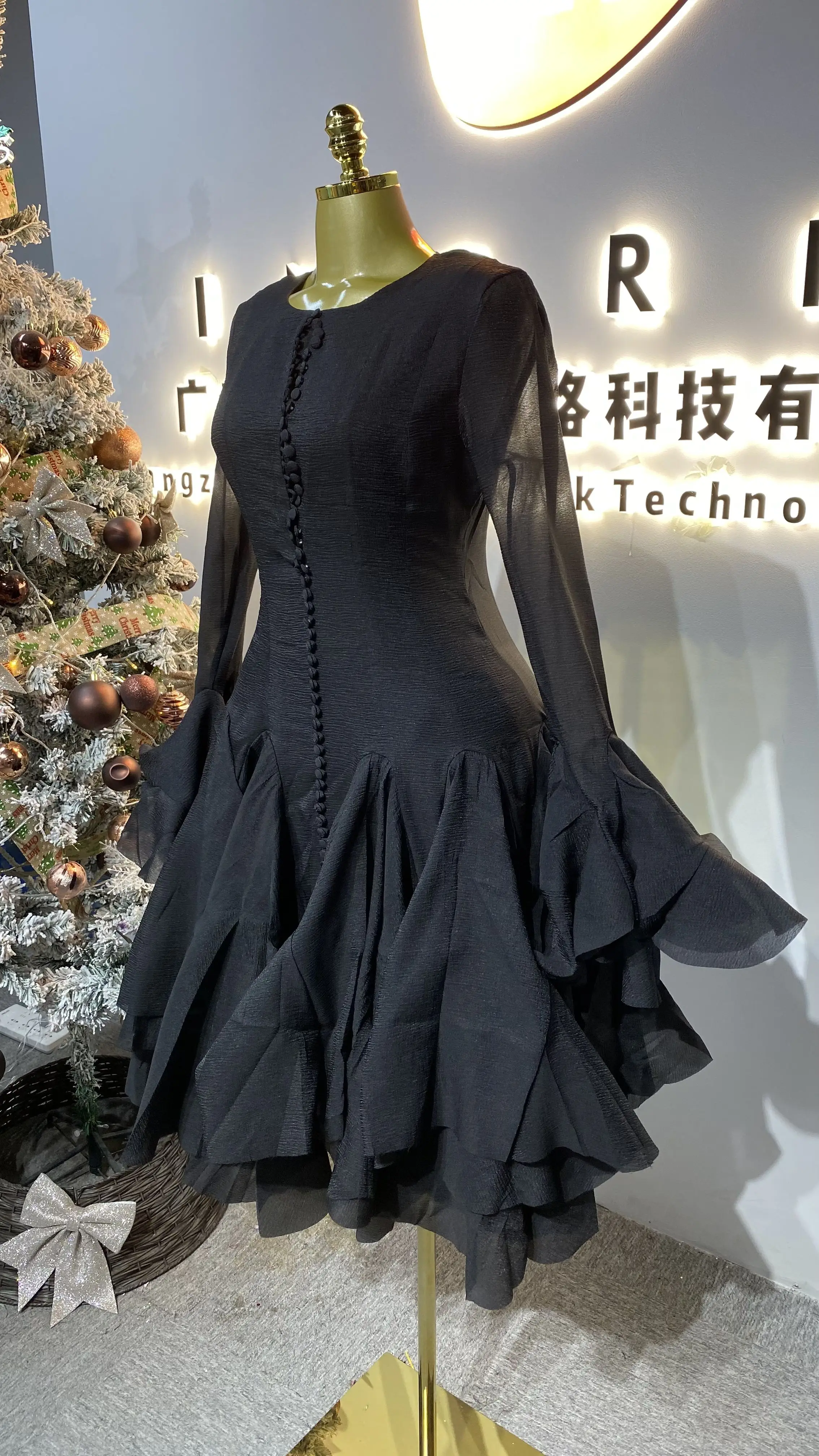 New Fairy-like Round Neck Ruffled Small Sleeve Evening Dress Elegant Women's Casual Dress-GZXX414