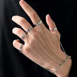 Punk Geometric Silver Color Chain Wrist Bracelet for Men Ring Charm Set Couple Emo Fashion Jewelry Gifts Pulsera Mujer