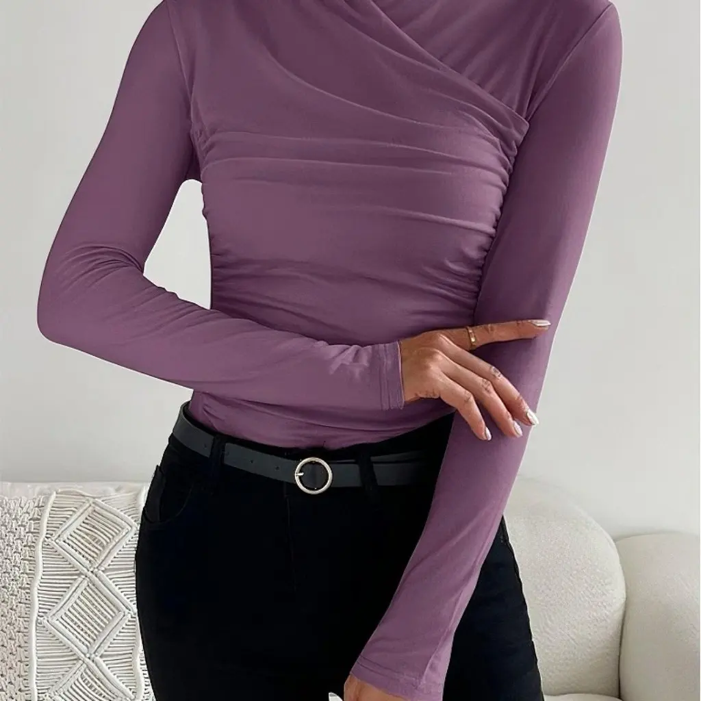 

Облегающая плиссированная футболка, осень-зима, новый дизайн, с перекрестным воротником, универсальная женская мода для рынка Европы и США