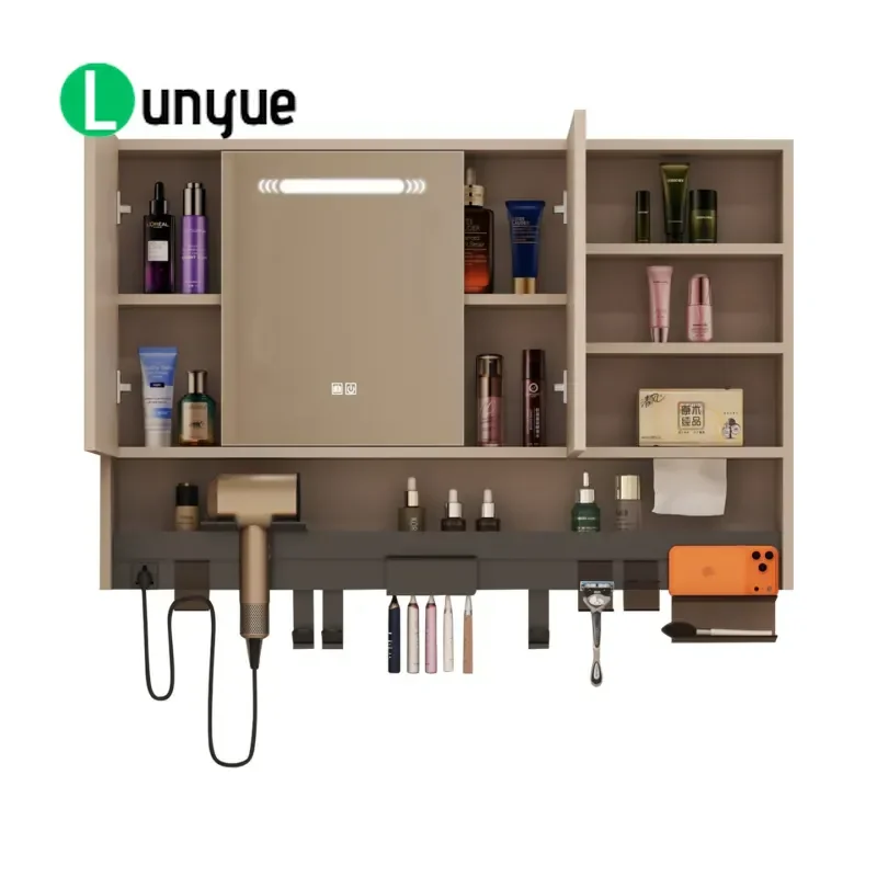 Smart Anti Fog Bathroom Mirror Cabinet Hidden Honeycomb Aluminum Wall Mounted Storage with Socket Multifunctional Vanity for
