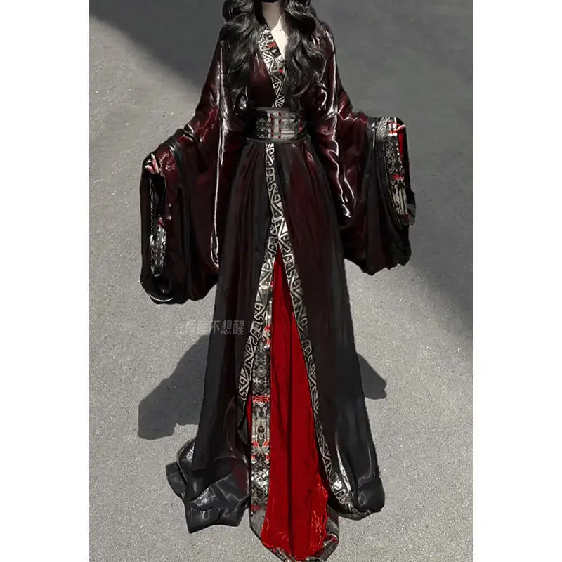 

Hanfu set; black large-sleeved curved-skirt hanfu with wide skirt; black and red straight dress for women