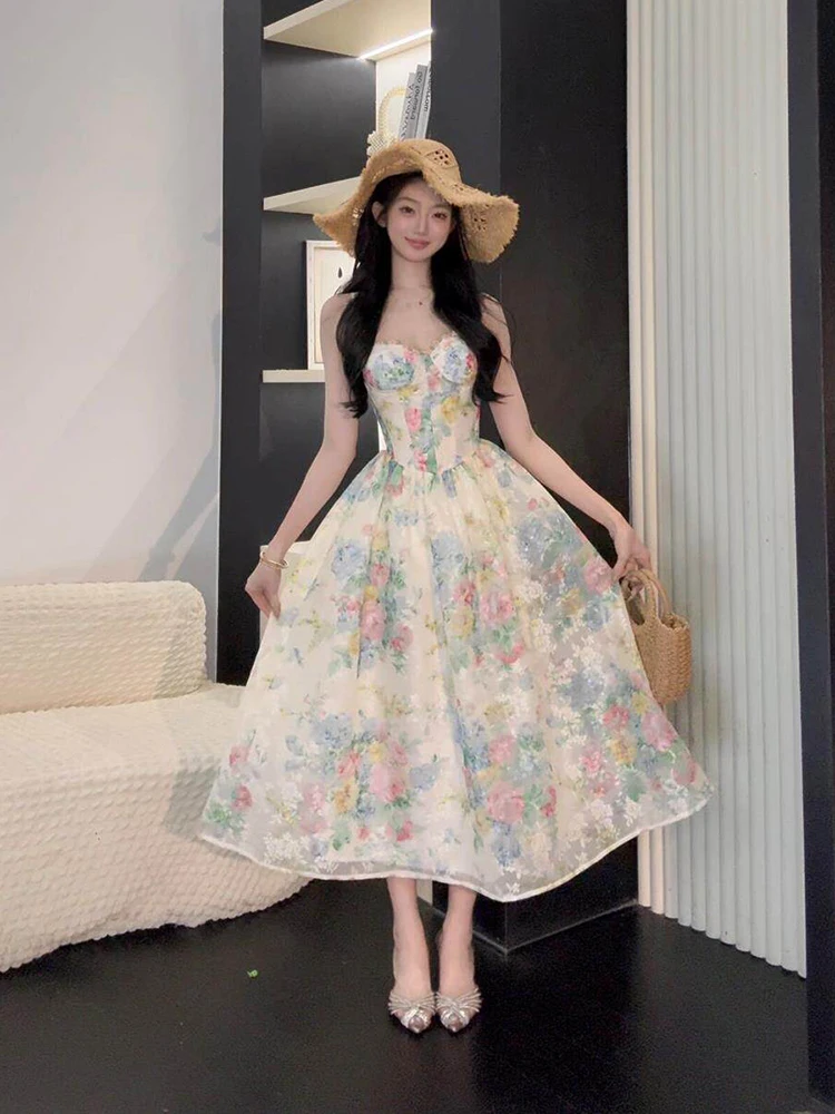 

High Quality Big Swing Print Dresses Spring Women Sleeveless Backless Camisole Dress High Waist Waist Straps Knee Length Dress
