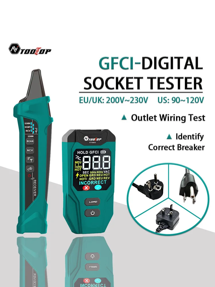 TOOLTOP ET32 Digitaler Stromkreisfinder Neutral-/Stromführende Leitungserkennung GFCI-Steckdosentester US/EU/UK-Steckdose Spannungsmessung
