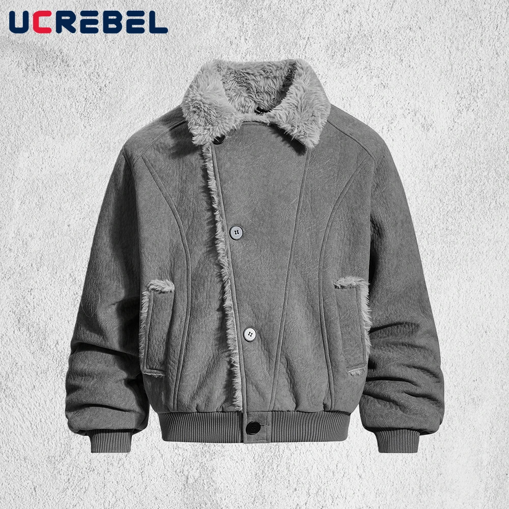 Pánská retro prošívaná bunda s dlouhým rukávem, podzimní a zimní střih, jednobarevná, s tlustým kožešinovým límcem - náhled 3