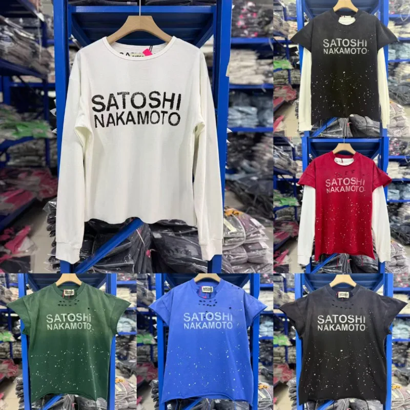New SATOSHI NAKAMOTO Men Women Crew Neck Long Sleeve T Shirt Bold Letter Print Raw Hem Street Top