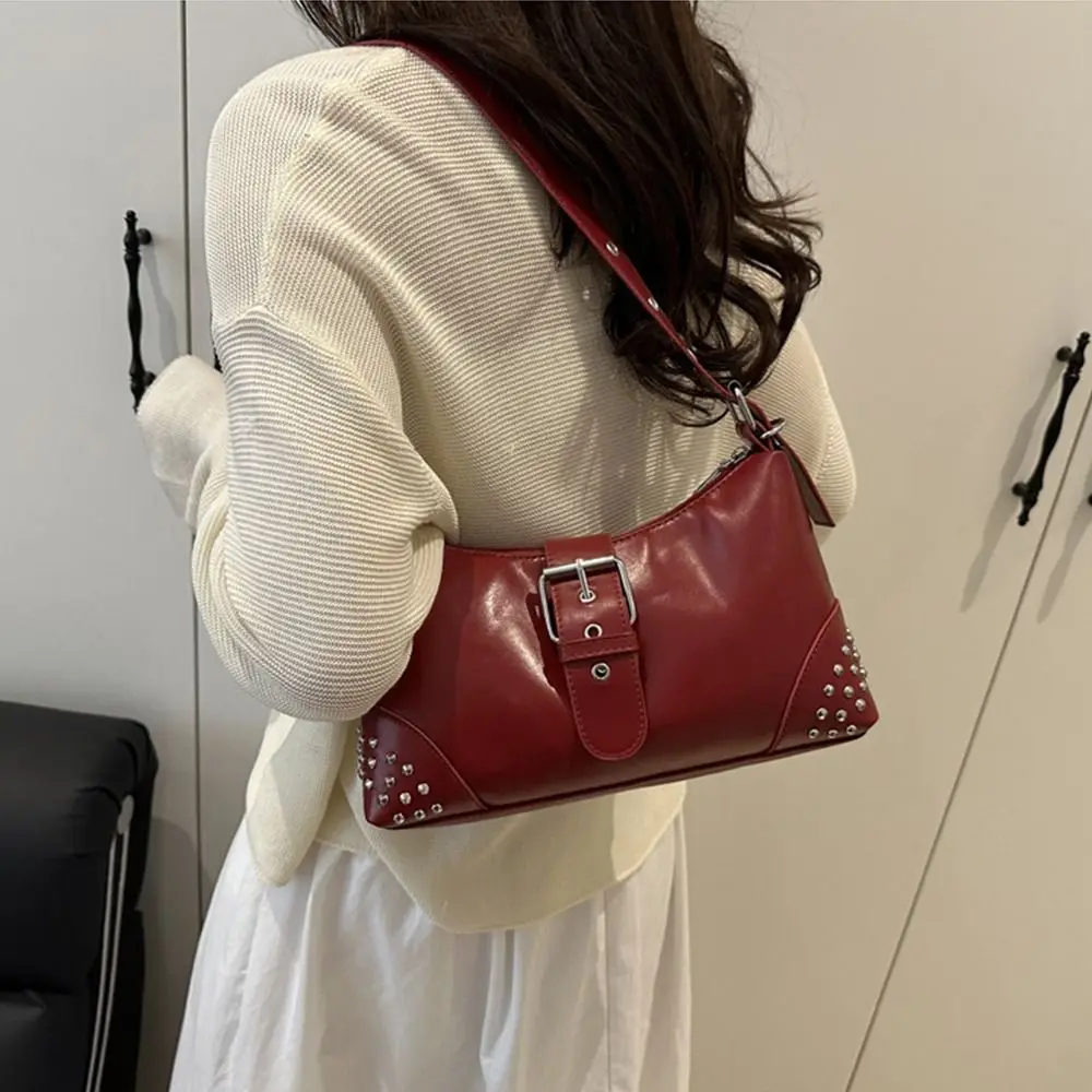 

New Designer Buckle Armpit Bag Vintage Y2k Rivet Shoulder Bag Pu Leather Gothic Spicy Girl Handbag Female