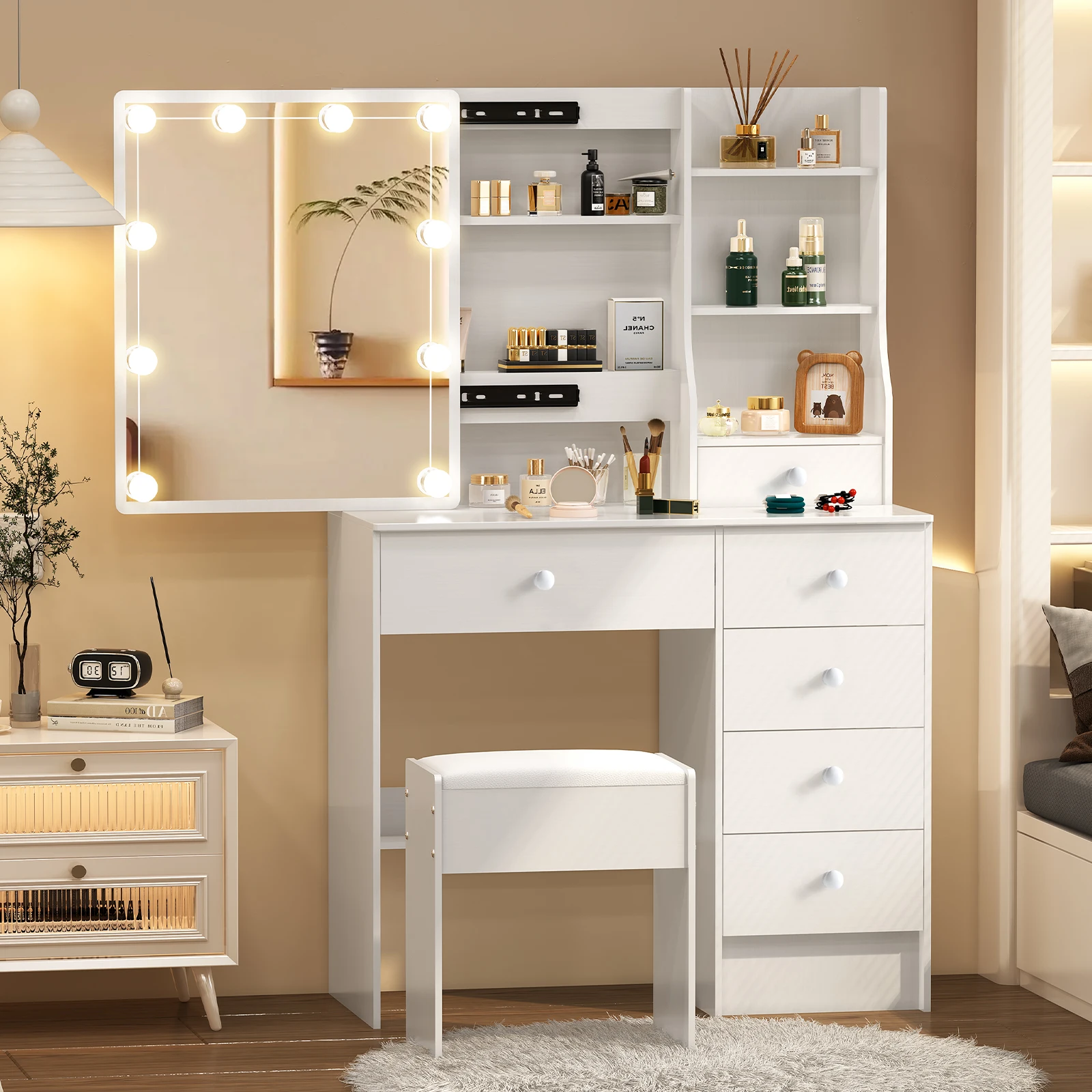 طاولة زينة خشبية أنيقة مع مرآة مضيئة: 3 أوضاع قابلة للتعديل وأدراج وتخزين #1