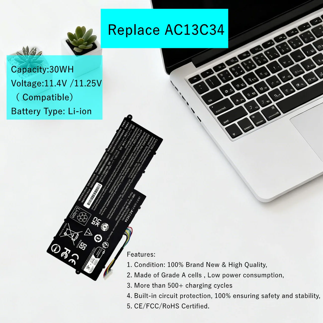 Laptop Battery For Acer Aspire V5-122P V5-132 E3-111 E3-112 ES1-111M MS2377 Series AC13C34 KT.00303.005 31CP5/60/80