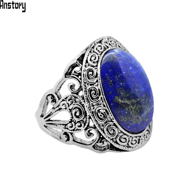 Vintage Lapis Lazuli Rings, Natural Stone Flower Ring, Antique Silver Plated Ancient Fashion Jewelry TR746