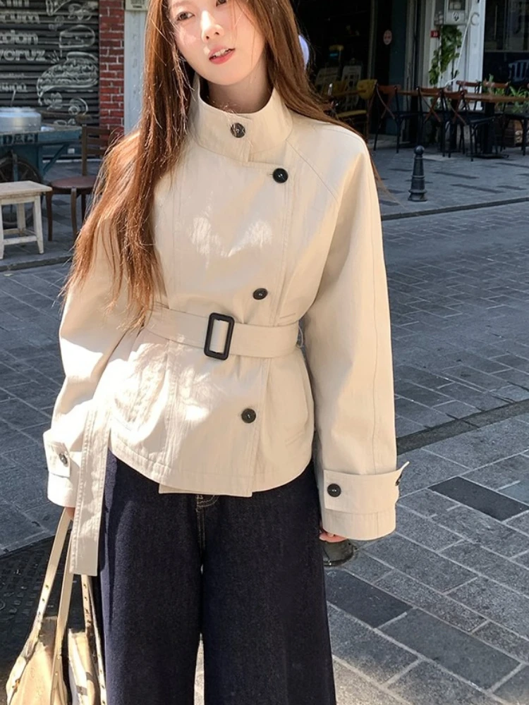 

Fashion Korean Solid Women's Autumn Jacket Stand-up Collar Short Elegant Trench Coat Female Casual British Style Chic Outerwear