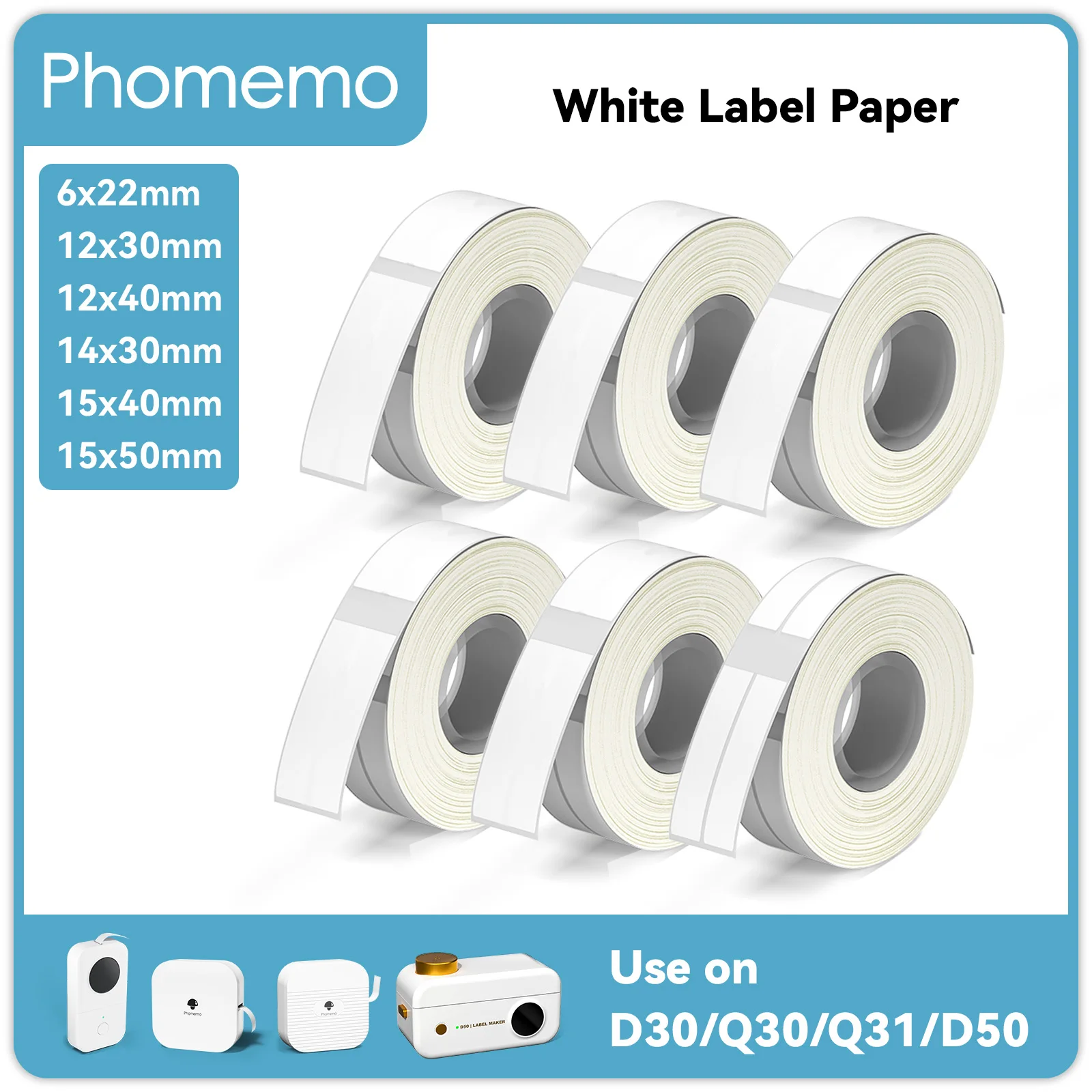Phomemo 3 rollos Q30 pegatina blanca etiqueta adhesiva de papel impermeable blanco antiaceite para Q30 D30 Mini cinta de impresora térmica portátil