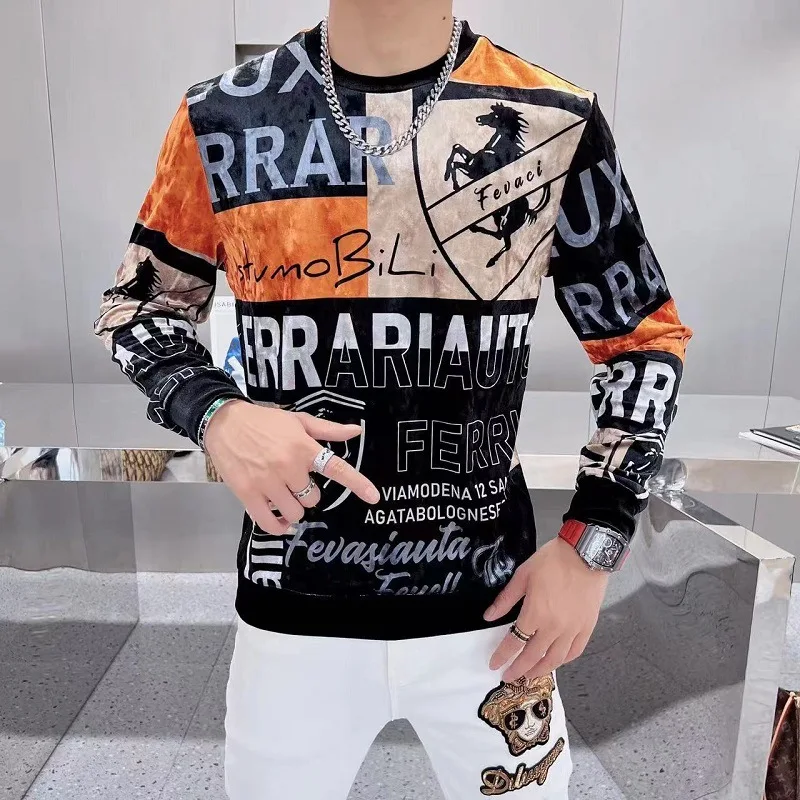 

Luxury Tiger Printed Velvet T-shirt for Men Autumn Winter Long Sleeved Casual T-shirts Casual Social Streetwear Round Neck Tee