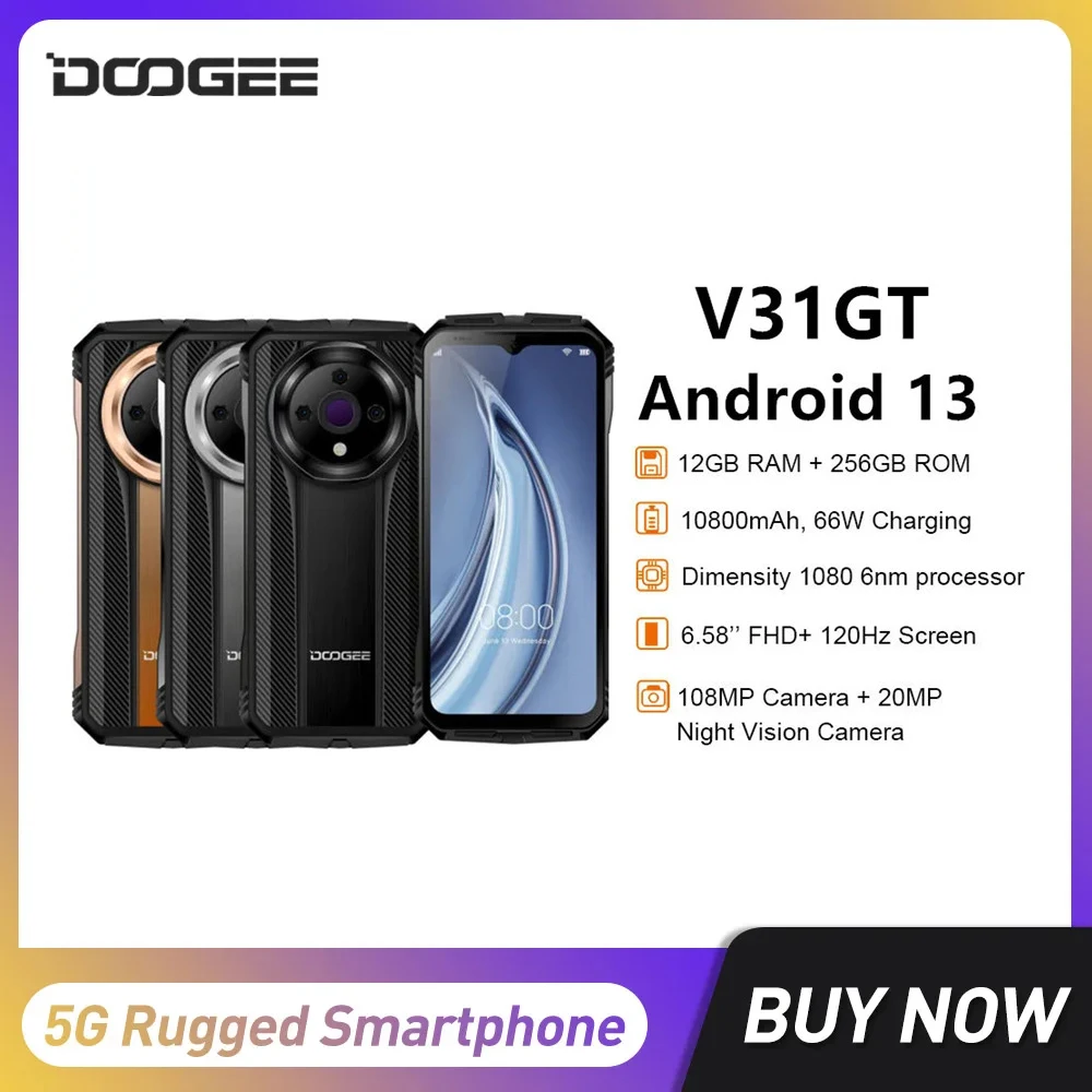 

DOOGEE V31GT 5G Rugged Smartphone Octa Core 12GB+256GB 6.58Inch Android 13 Mobile Phone Thermal Imaging System 50MP 10800mAh NFC