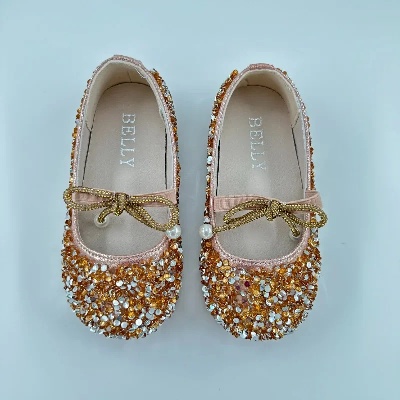 Girls Glitter Shoes for Wedding Party Kids Flat Rhinestone with Pendant Princess Sweet Little Children Dress Shoes Elastic Band