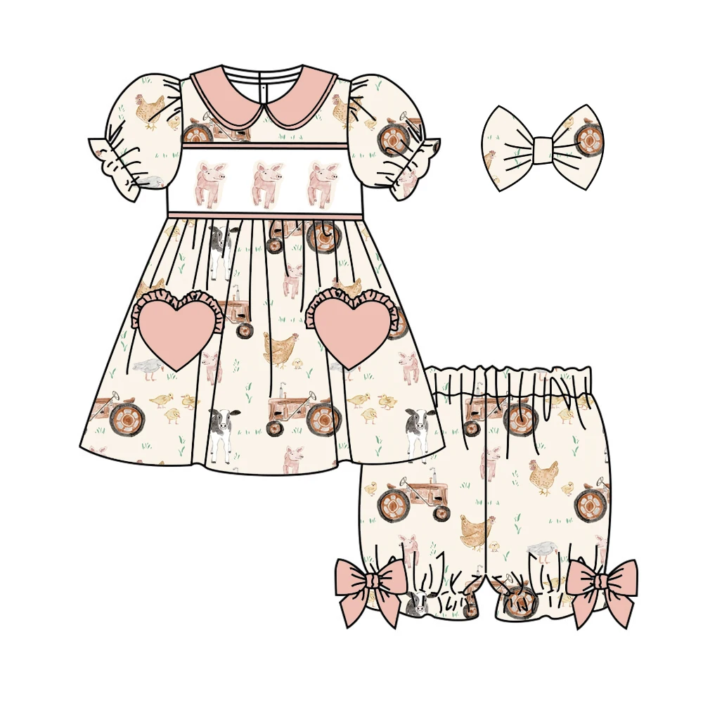 Summer Kids Cute Pajamas Toddler Boys Girls Farm Animal Tractor Outfit Dress Bloomers Top Shorts Set