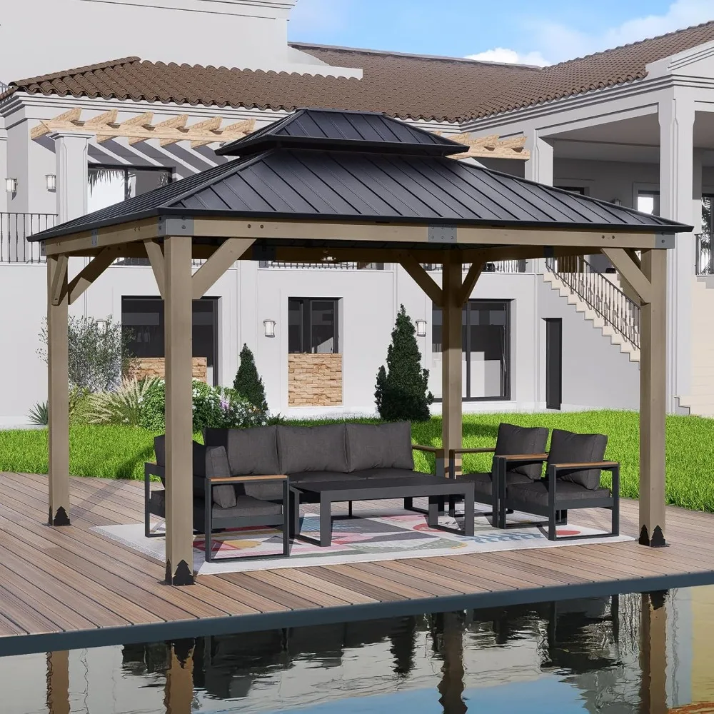 12 x 14 ft. Wood Gazebo,Outdoor Upgrade Cedar Wooden Frame Gazebo with 2-Tier Galvanized Steel Roof, for Patio Backyard Deck