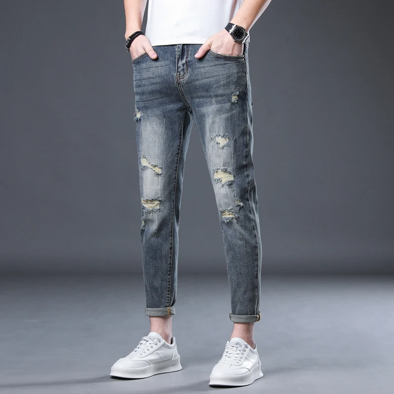 Hip Hop Jeans For Men Dark Blue Stretch Skinny Ankle Length Denim Pants Ripped Jeans Man 2024 Summer Frayed Patchwork Cowboys