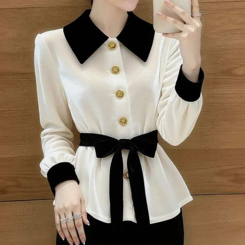 

Элегантная женская рубашка с воротником Питер Пэн и поясом с бантом, классическая офисная блузка с длинным рукавом, однотонная, приталенного кроя, для весны и осени.
