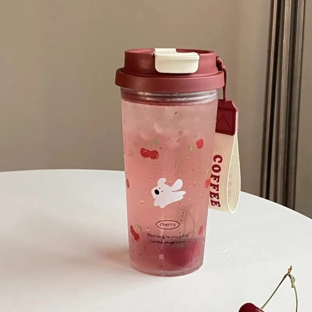 Niedliche Cartoon-Wasserbecher, doppelte Trinkwasserflasche, 550 ml, auslaufsicher, große Kapazität, Plastikbecher, Trageseil, Kaffeetasse