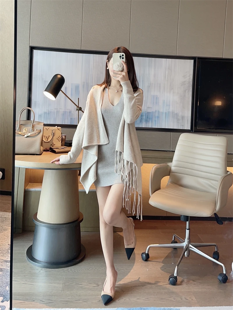 Outsider Tassel Trim Open Cardigan awl Sweater Women's Knittedwear Pure Color Spring Autumn Faion Ladies' Tops