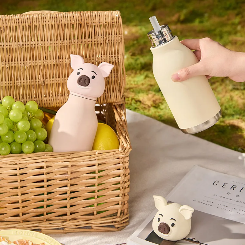 Insulated Stainless Steel Tumbler with Detachable Soft Animal Pig Head,Leakproof BPA-Free Kids Water Bottle with Straw for Schoo